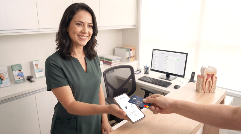 Dentista sorridente em consultório recebendo pagamento por aproximação no celular com cartão de crédito