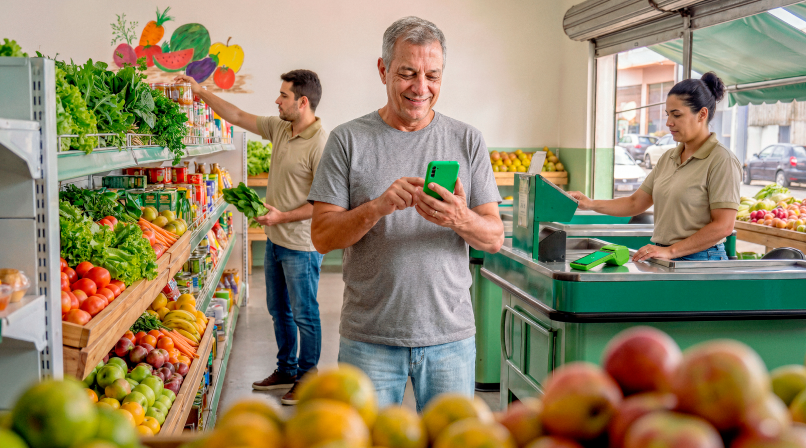 Empreendedor maduro em hortifruti consultando o celular, com funcionários organizando produtos ao fundo