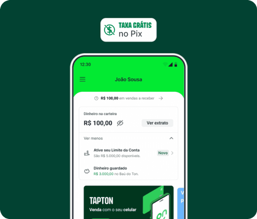 Tela do app Ton com banner Taxa Grátis no Pix