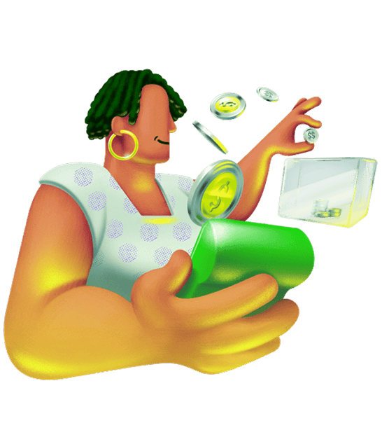 Ilustração 3D de empreendedora organizando moedas em um pote