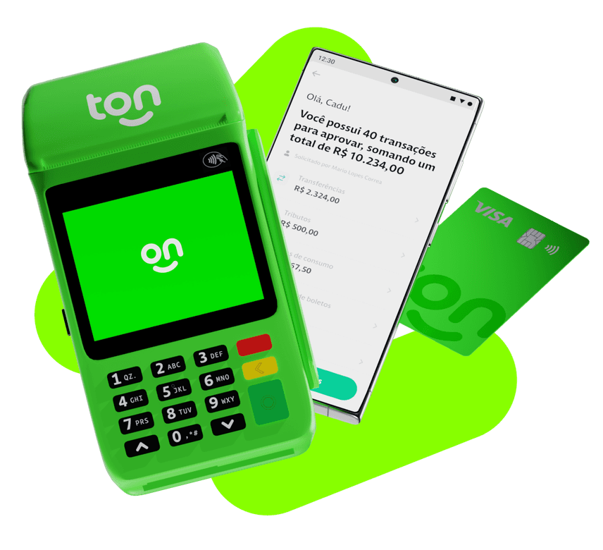 Um celular com o aplicativo do Ton aberto, cartão do Ton e Máquina de Cartão do Ton