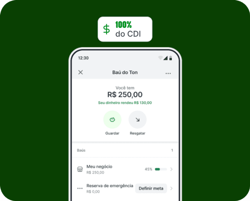 Tela do app Ton mostrando o Baú do Ton com dinheiro guardado