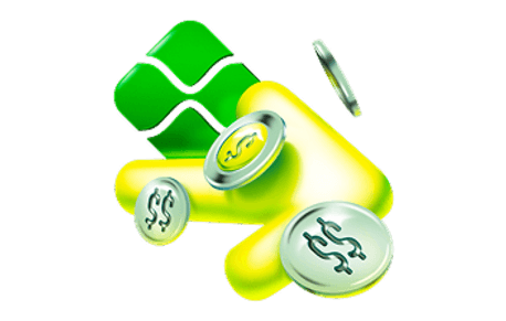 Ilustração 3D de maquininha Ton com moedas representando o Pix por QR Code ou aproximação