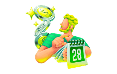 Ilustração 3D de empreendedor com calendário e moedas representando Capital de Giro