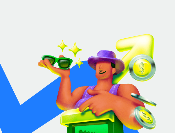 Ilustração 3D de seta amarela com moedas representando crescimento de rendimento