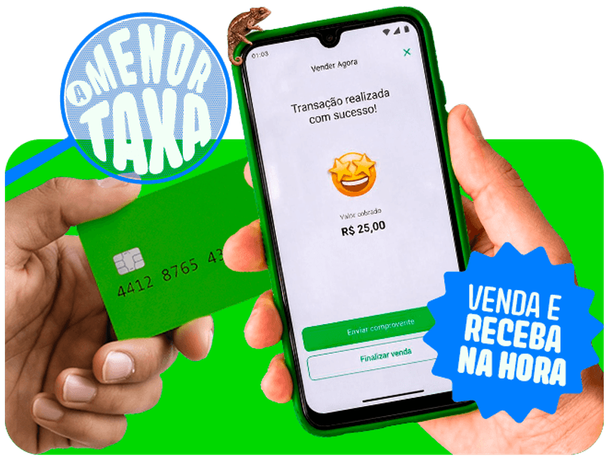 Ilustração de pagamento com cartão Visa verde da Conta Ton usando o sistema de aproximação do Tapton. A tela do dispositivo mostra o valor de R$ 200,00.