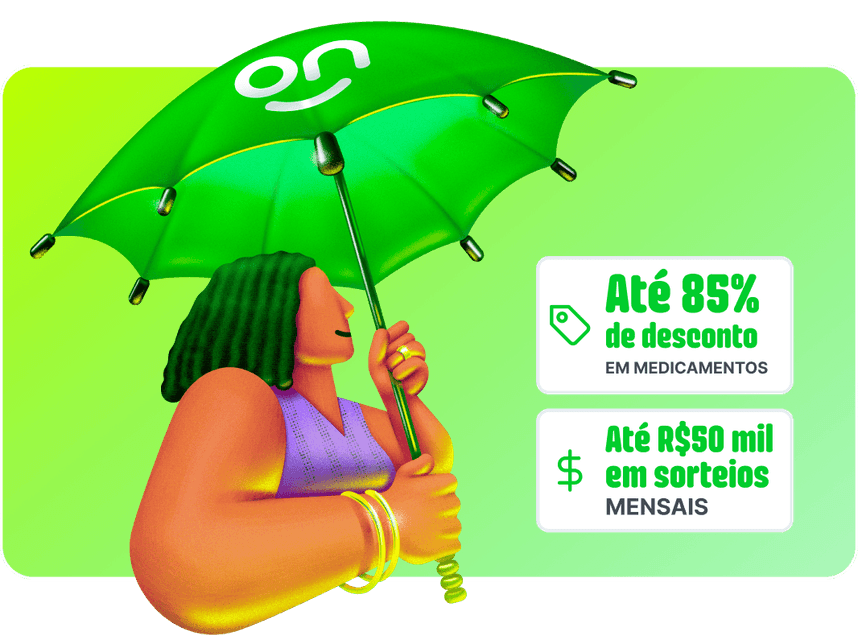 Ilustração de mulher segurando um guarda-chuva ao fundo verde. Ao lado direito da mulher está dois avisos de “Até 85% de desconto em medicamentos” e “até R$ 50 mil em sorteios mensais”