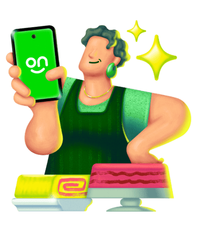 Ilustração 3D de empreendedor mostrando o app Ton no celular