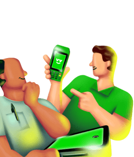 Ilustração de empreendedores conversando a respeito de uma máquina de cartão