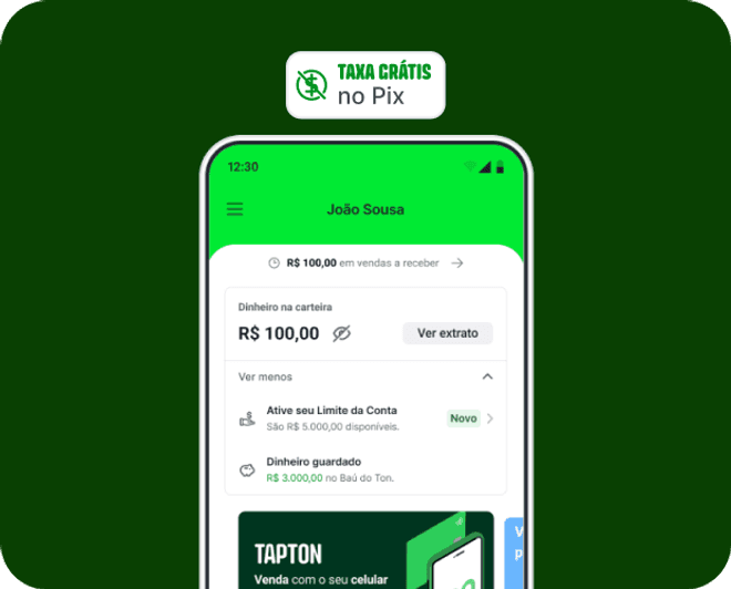 Tela do app Ton com banner Taxa Grátis no Pix