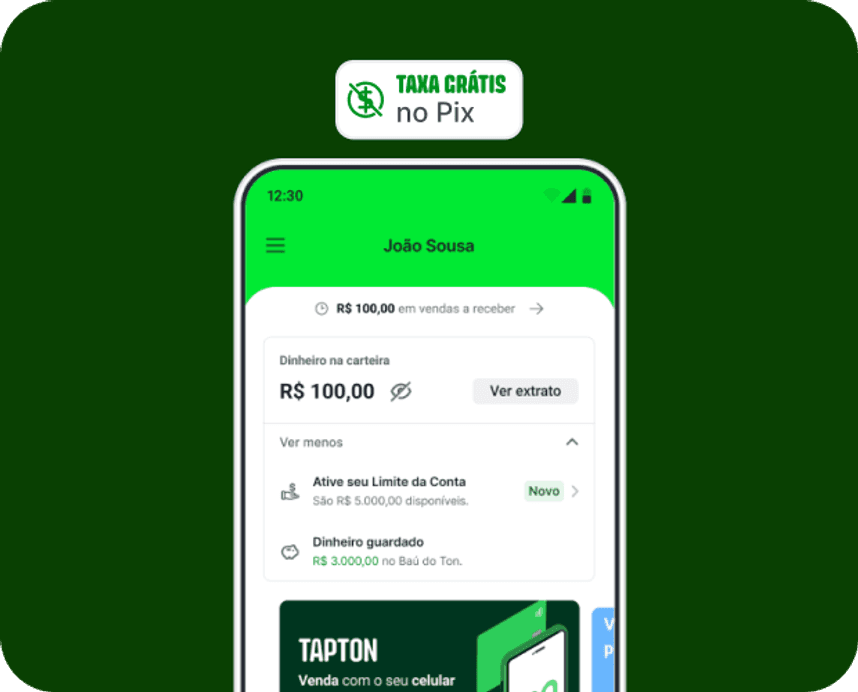 Tela do app Ton com banner Taxa Grátis no Pix