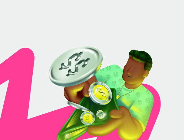 Ilustração 3D de seta rosa com moedas representando crescimento de rendimento