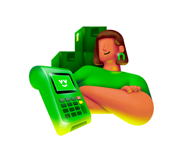 Ilustração 3D de empreendedora com maquininha Ton ao lado de caixas de entrega