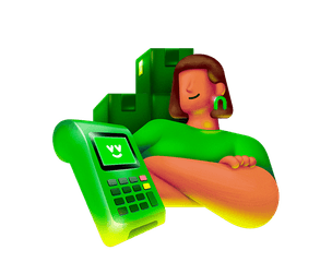 Ilustração 3D de empreendedora com maquininha Ton ao lado de caixas de entrega