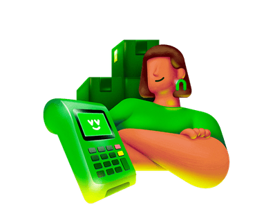 Ilustração 3D de empreendedora com maquininha Ton ao lado de caixas de entrega