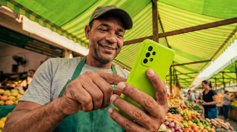 Homem feirante mexendo no celular 