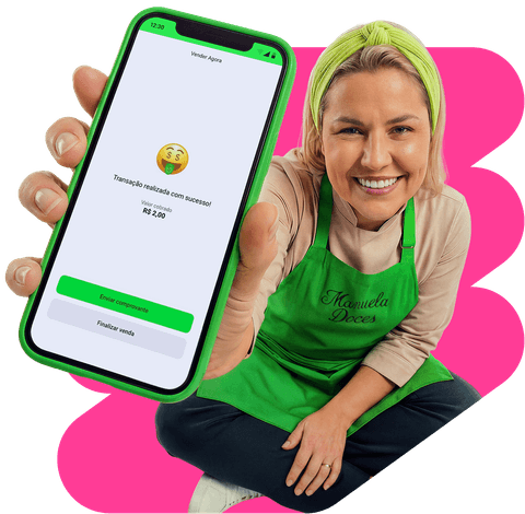 Empreendedora segurando o celular verde representando o TapTon