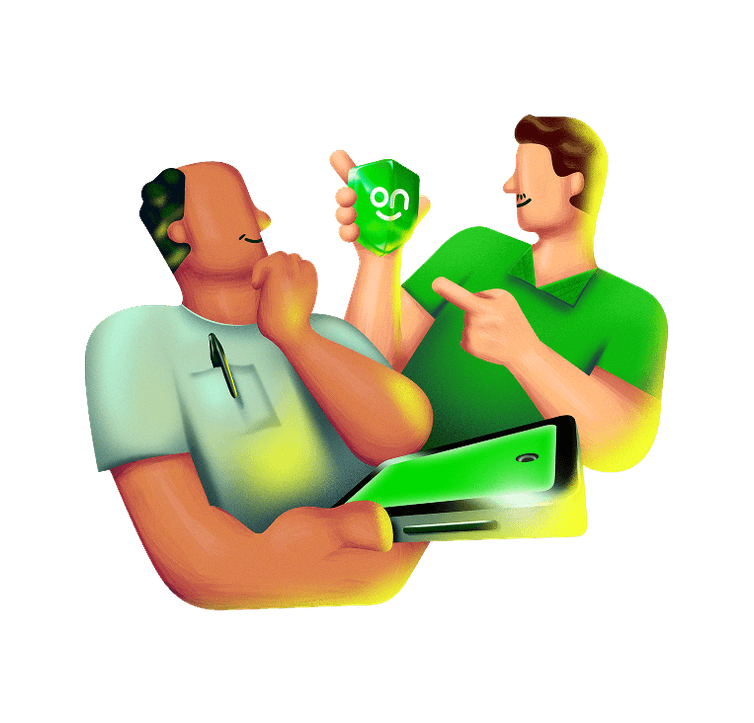 Ilustração de dois homens, um mais idoso e um mais novo. O homem mais novo segurando um escudo com o logotipo do Ton e o homem mais velho segurando um celular com o aplicativo do To