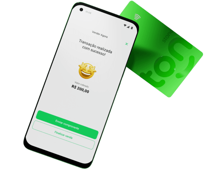 Ilustração de pagamento com cartão Visa verde da Conta Ton usando o sistema de aproximação do Tapton. A tela do dispositivo mostra o valor de R$ 200,00.