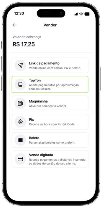 Passo 1: iPhone com aplicativo do Ton na tela “vender agora” com valor de cobrança de R$17,25. Com opção “Tap to Pay no iPhone”