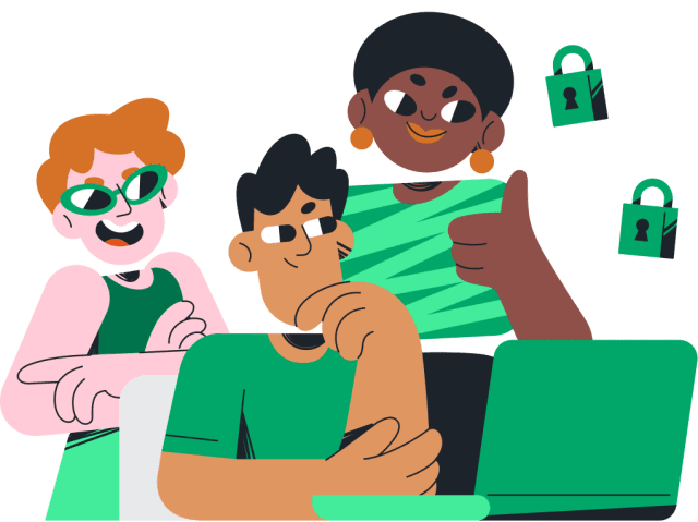 Quatro pessoas olhando um notebook