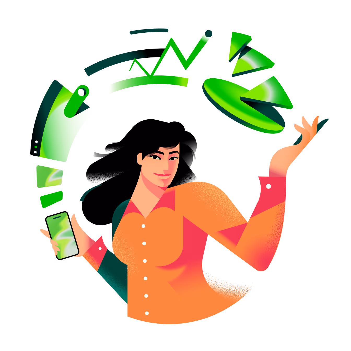 Ilustração de mulher com celular na mão