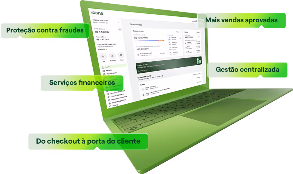 Tela de notebook com dashboard da Stone