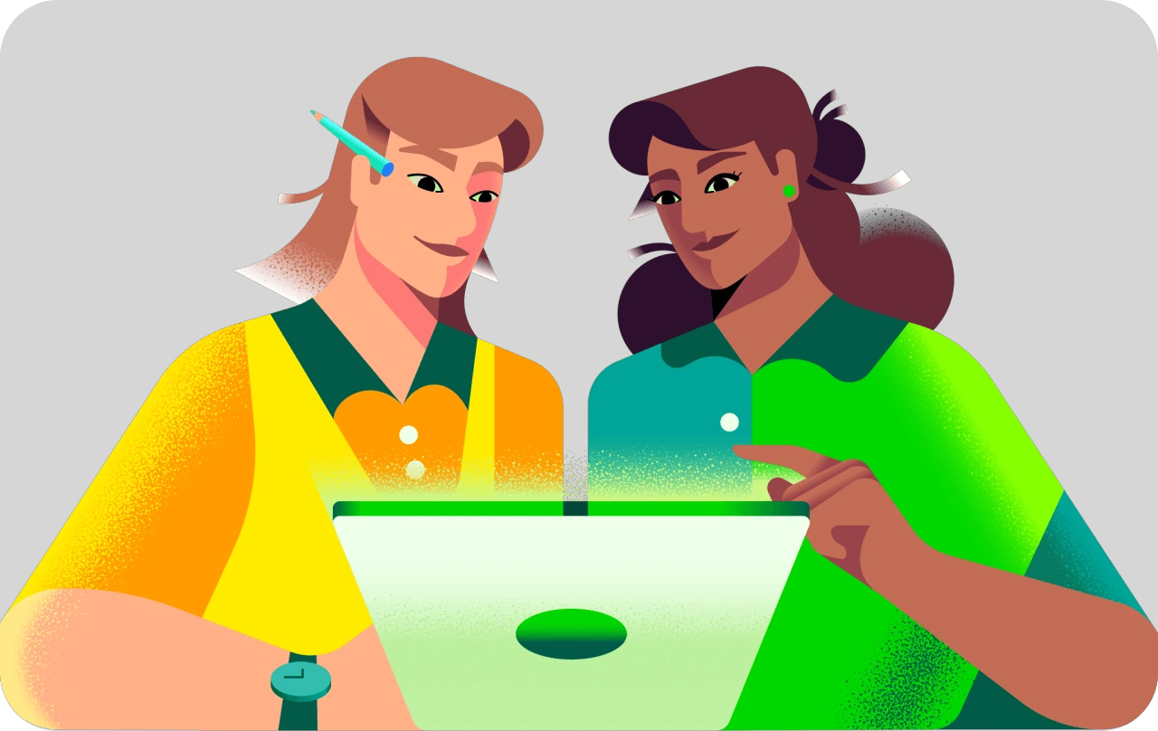 Imagem ilustrativa de duas pessoas com cores da copa olhando um notebook