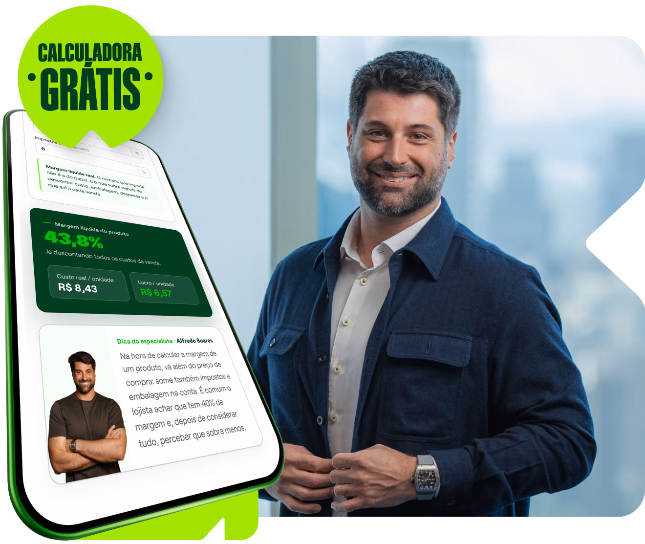 banner com calculadora ao lado do Alfredo Soares