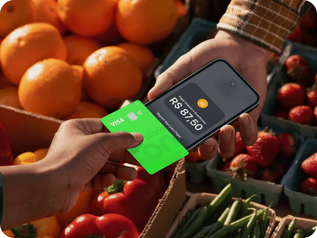 Ilustração de pagamento com cartão Visa verde da Conta Ton usando o sistema de aproximação do Tapton. A tela do dispositivo mostra o valor de R$ 200,00.