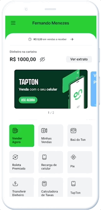 Imagem de um celular que mostra o passo a passo para acessar a seção de Meus Cartões no App do Ton
