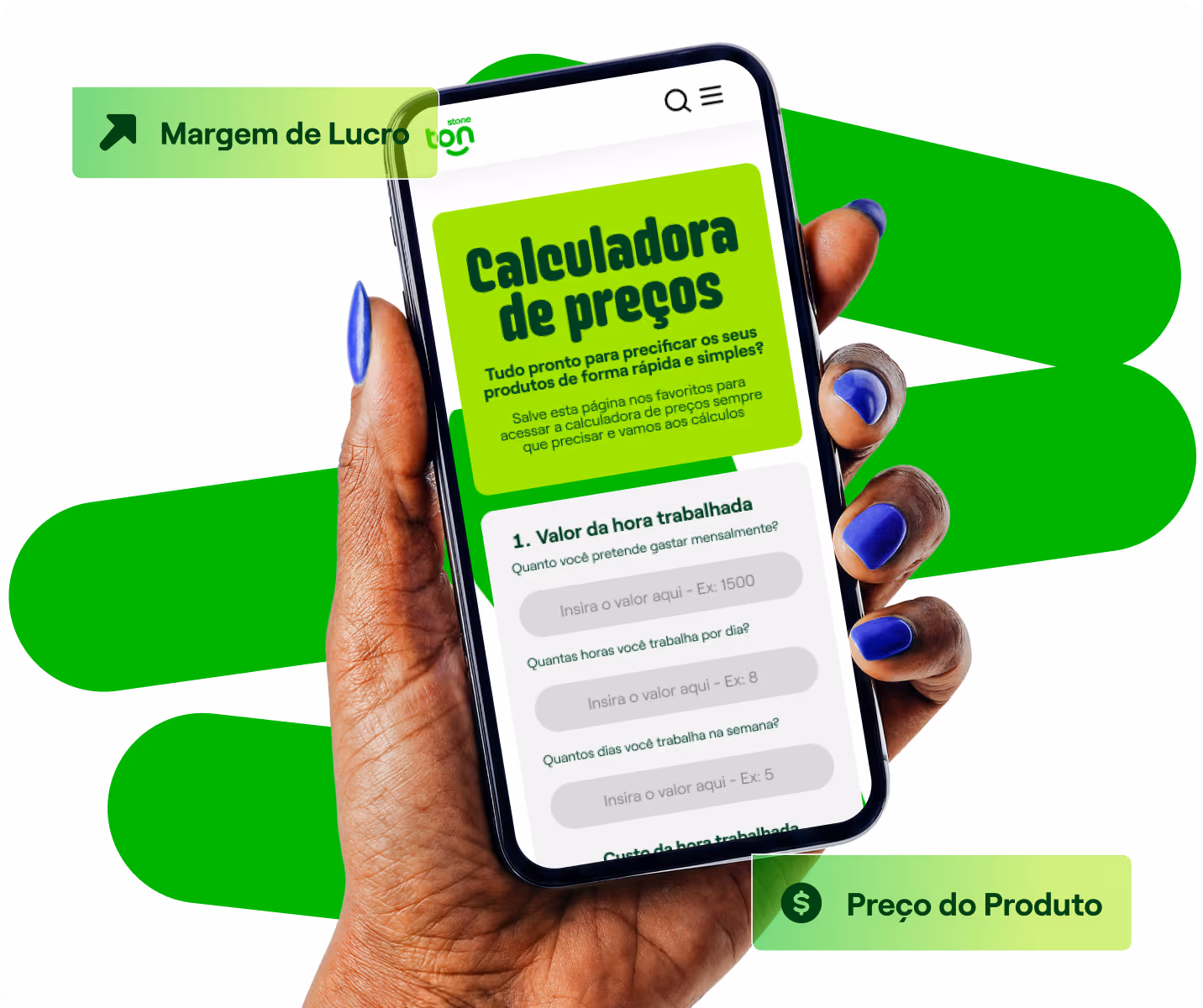 Mão segurando celular com a calculadora de preços