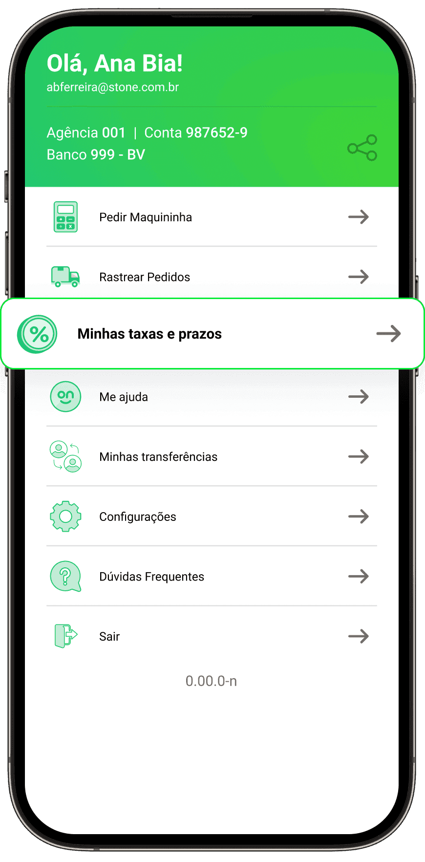 Celular com a tela do app Ton destacando a opção Minhas taxas e prazos