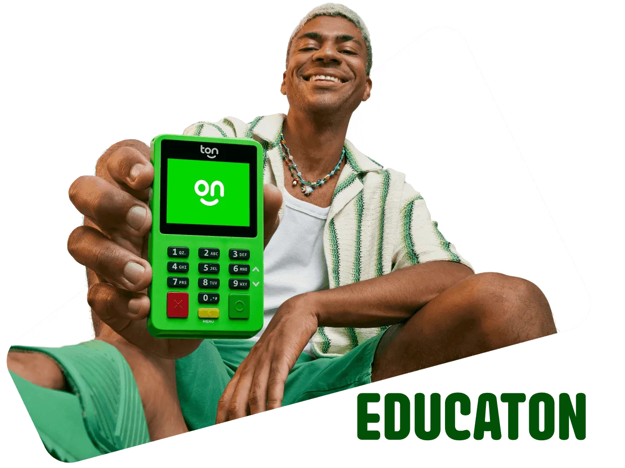 Ilustração de pagamento com cartão Visa verde da Conta Ton usando o sistema de aproximação do Tapton. A tela do dispositivo mostra o valor de R$ 200,00.