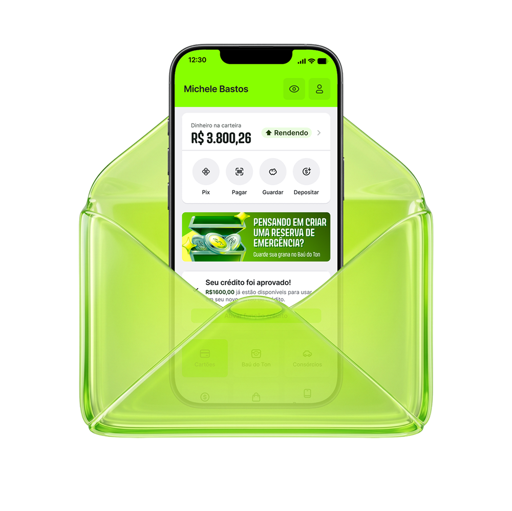 Envelope verde e transparente contendo um smartphone que demonstra a tela principal do aplicativo Ton.