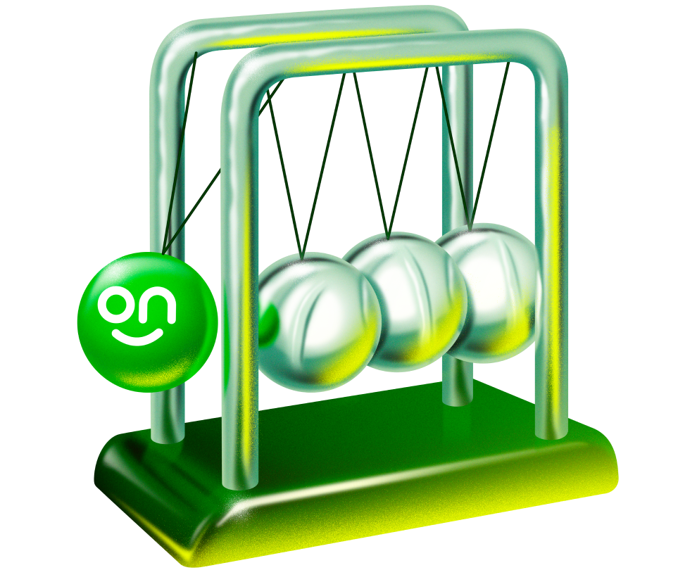 Ilustração de um brinquedo popularmente conhecido como pêndulo de Newton, representando a sequência de ações necessárias ao usuário para abrir sua conta no Ton.