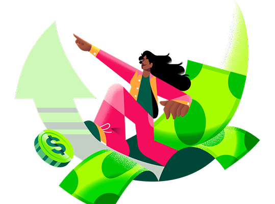 Ilustração de mulher surfando em notas de dinheiro