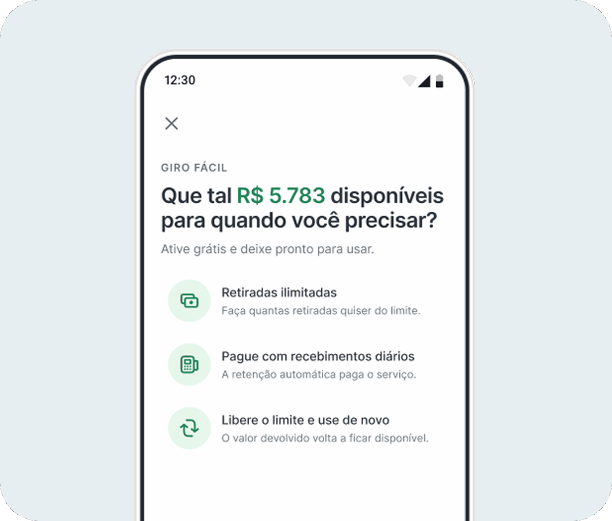 Celular com o aplicativo da Stone aberto no início mostrando o nome do usuário "Loja Brasil", além do saldo em conta, ícones do Pix, Transferir e Pagar. E abaixo o Recebimento do mês e Recebimentos futuros.