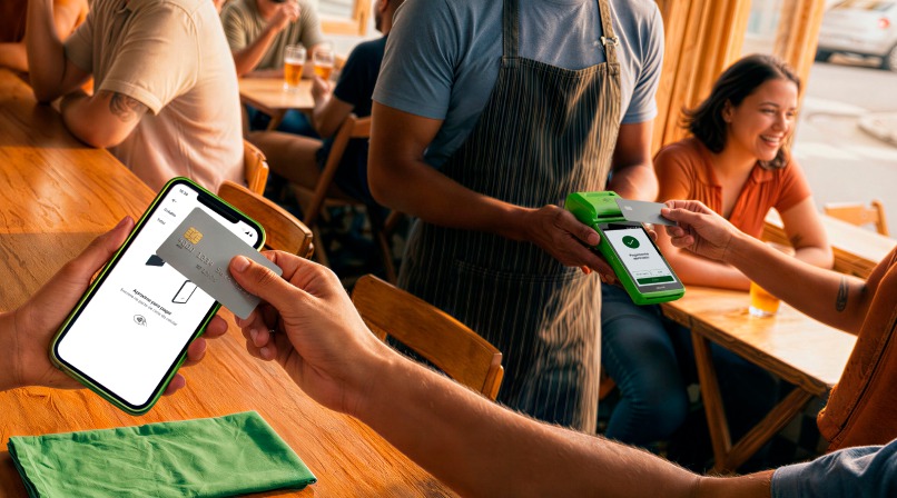 Cliente em bar pagando com cartão pela Conta Stone no celular, com atendente segurando a maquininha verde ao fundo