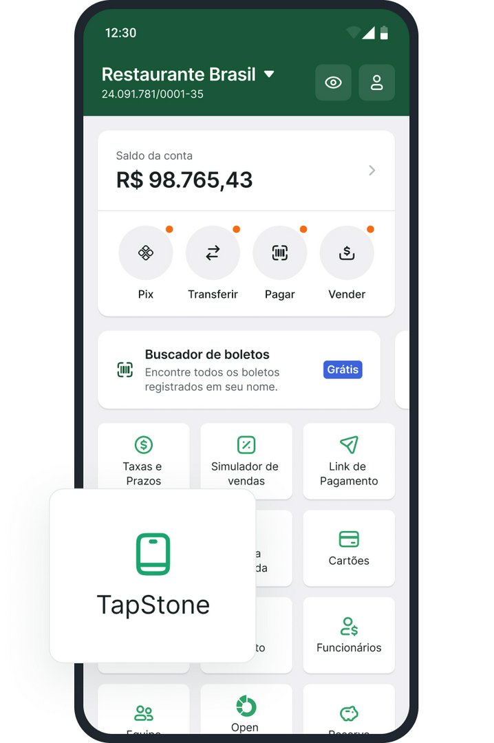 Passo 1: Celular na tela principal do aplicativo da Stone mostrando o ícone de TapStone com um selo “Novo”