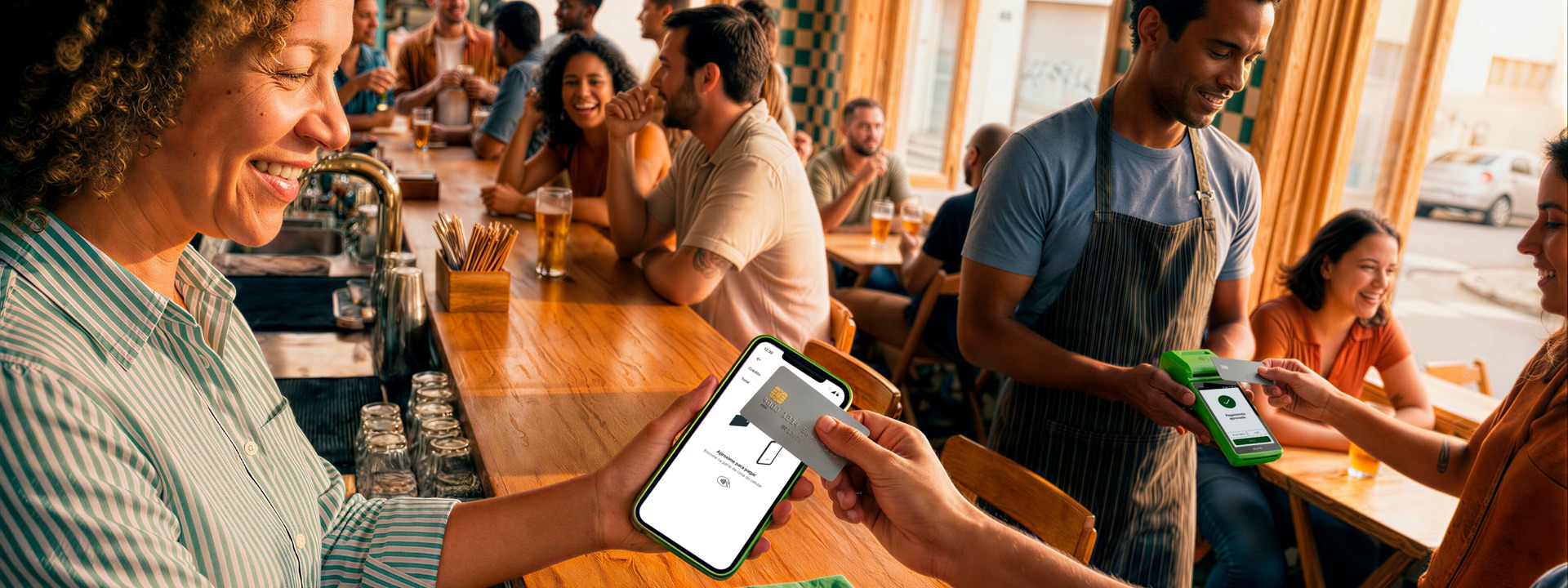 Cliente em bar pagando com cartão pela Conta Stone no celular, com atendente ao fundo segurando a maquininha verde