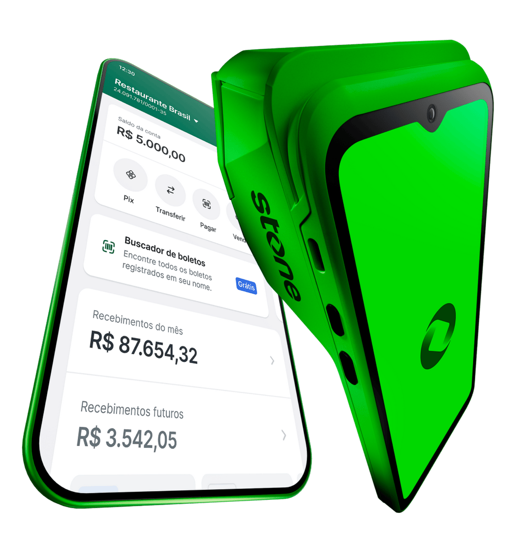 Celular com o app da Conta PJ Stone ao lado de uma maquininha Stone