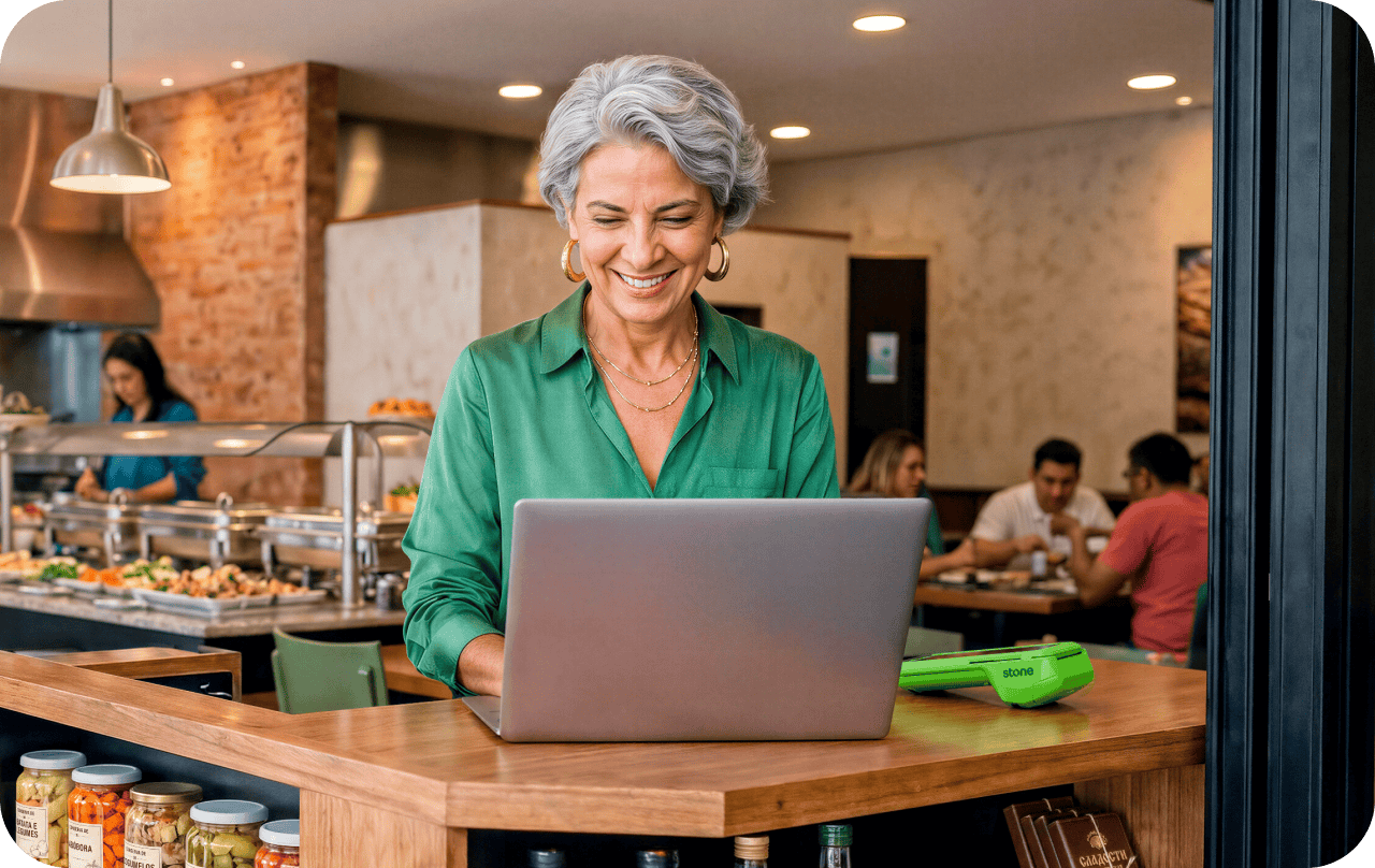 Empreendedora sorridente em restaurante self-service usando notebook ao lado da maquininha Stone