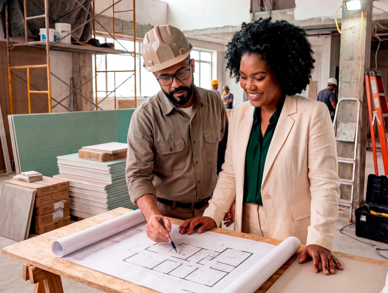 Empreendedora e empreendedor de capacete em obra analisando planta arquitetônica do imóvel