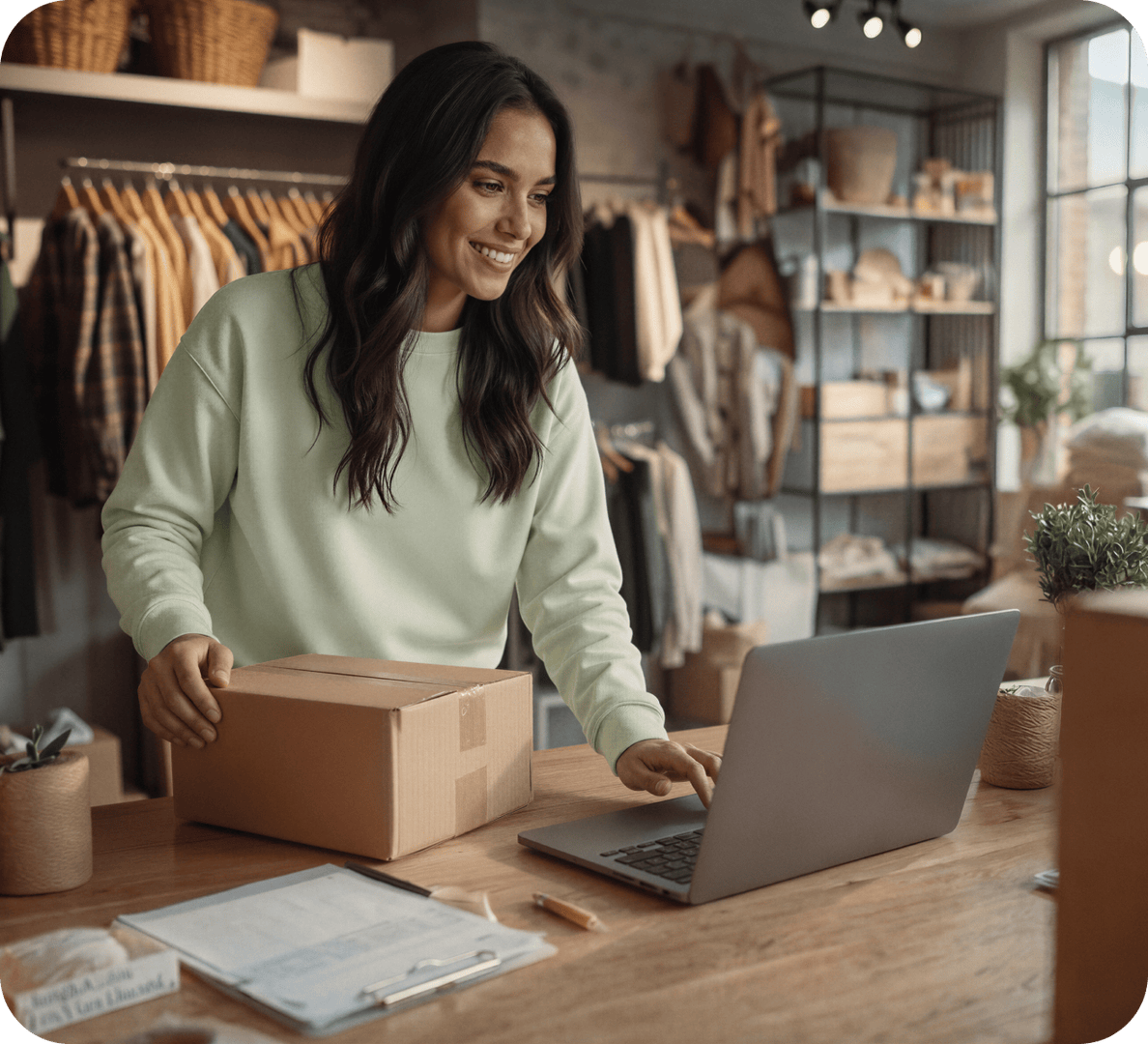 Empreendedora utilizando o Autenticador 3DS2 para ter mais agilidade em sua loja de roupas