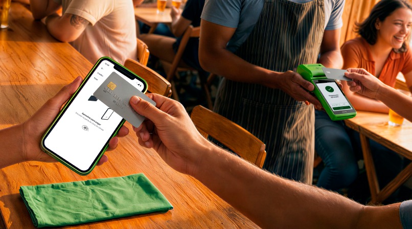 Cliente em bar pagando com cartão pela Conta Stone no celular, com atendente segurando a maquininha verde ao fundo