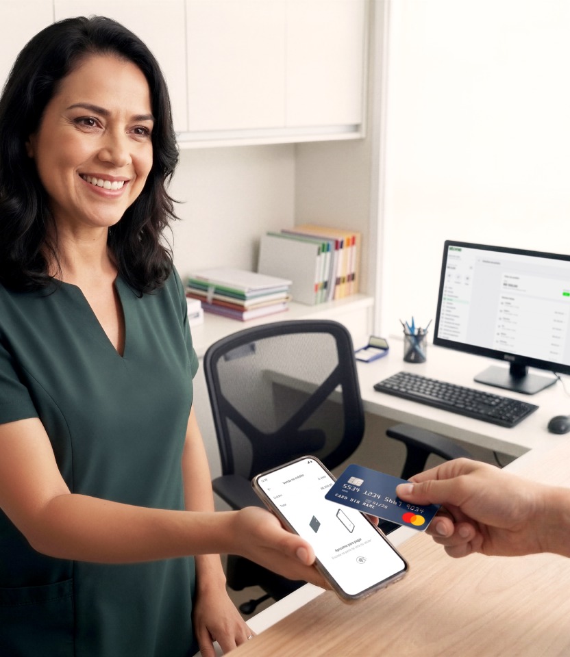 Profissional de saúde sorridente em consultório recebendo pagamento por aproximação no celular com cartão Mastercard
