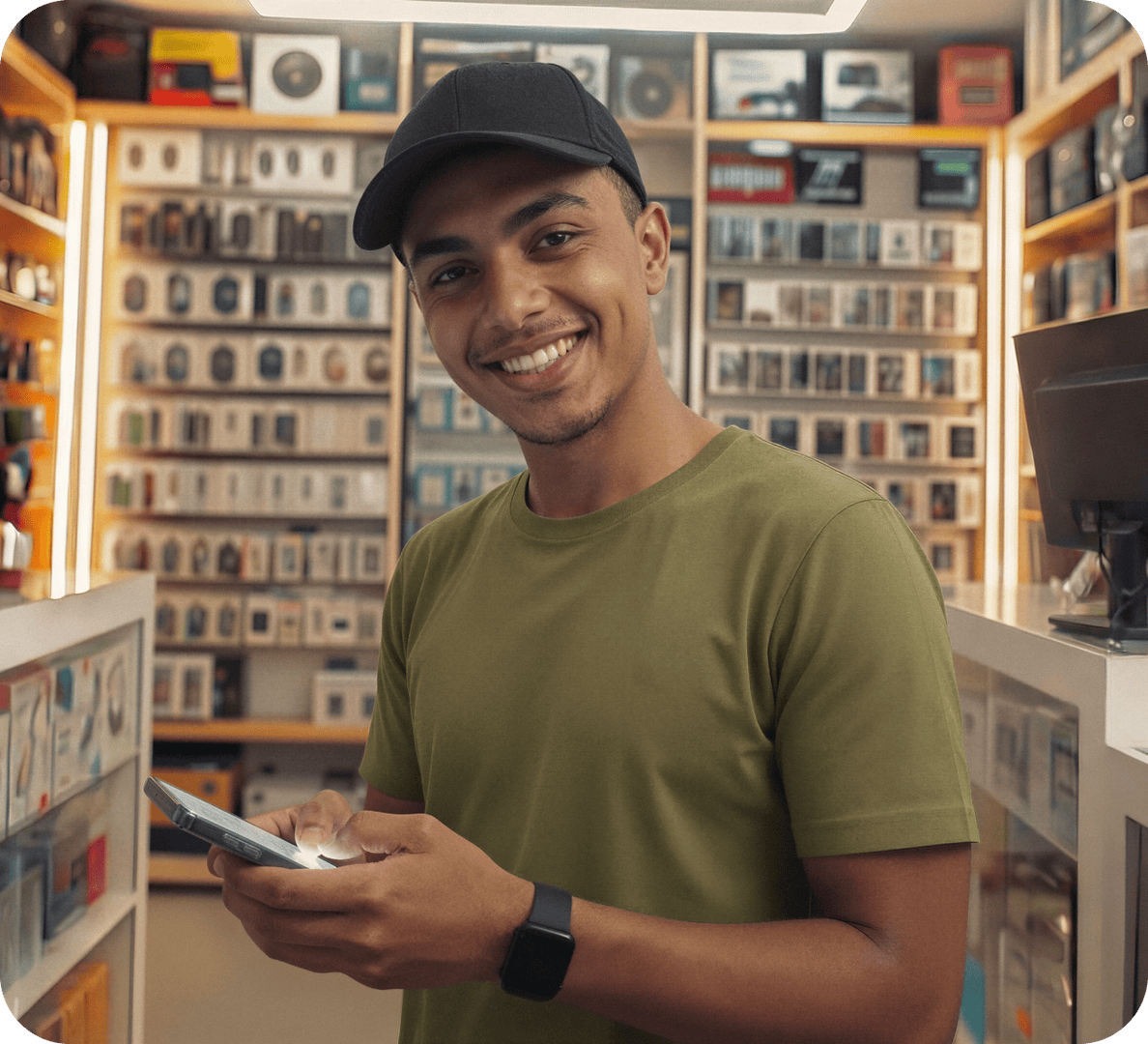 Empreendedora com uma camisa verde em seu restaurante e sentada no balcão de madeira, utilizando o seu notebook com uma mão e na outra mão o seu celular. Ao fundo alguns utensílios de cozinha.