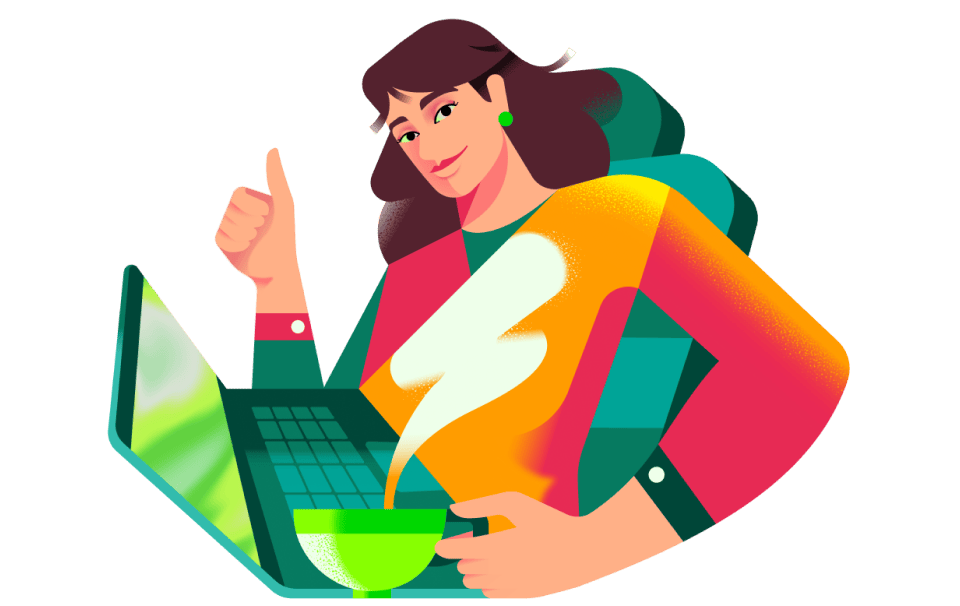 Ilustração de empreendedora fazendo joinha em frente ao notebook