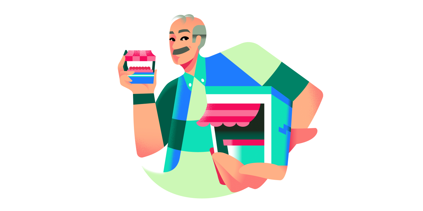 Ilustração de empreendedor segurando seu estabelecimento